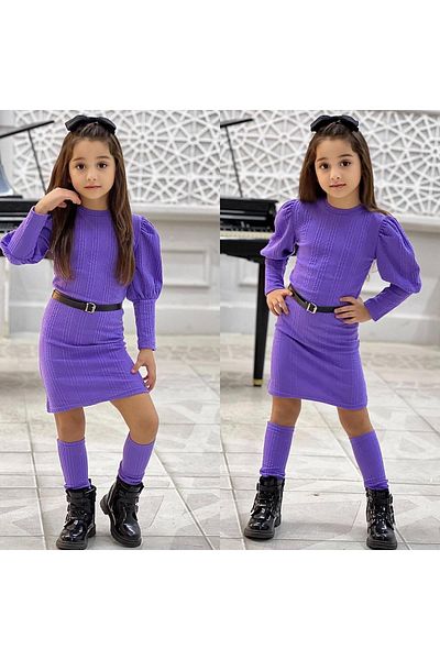 TRENDİMİZBİR Girl's Long Sleeve Knitwear Clothes Set - Purple Combination with Belt and Over-The-Knee Socks