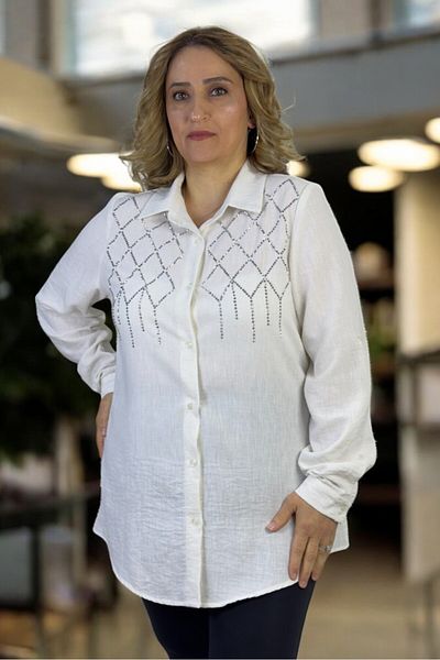 yagmurberen Stone Embroidered Folding Sleeve Detail Flaming Cotton Linen Large Size Shirt