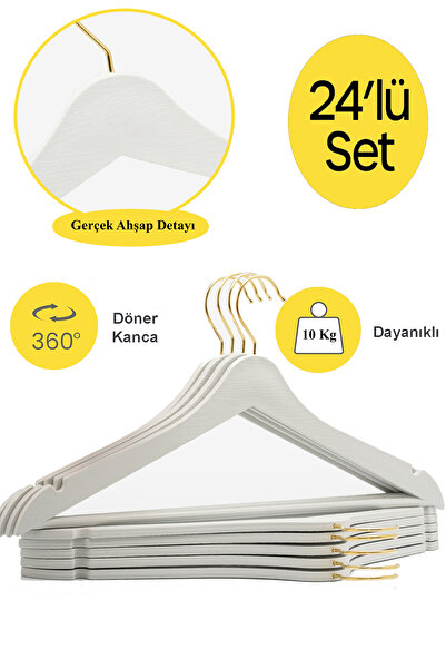 ARCH 24 Adet Beyaz Ahşap Görünümlü Plastik Askı Kıyafet Elbise Gömlek Askısı Gold Kancalı