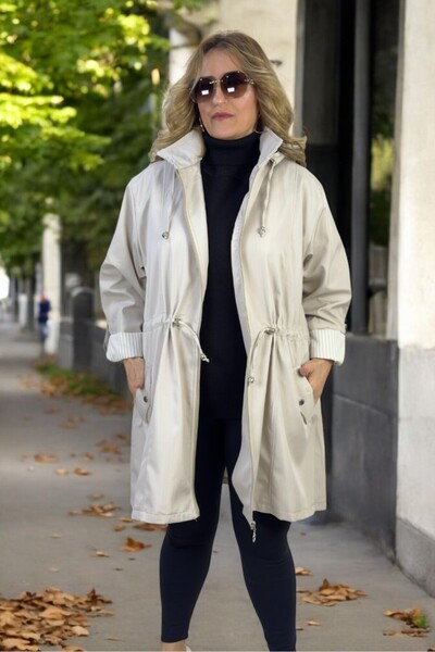 yagmurberen Removalable Hooded Foldable Sleeve Detail Bonded Fabric Extra Large Size Trench Coat