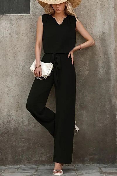 Deafox Black Women's Sleeveless V-Neck Aerobin Blouse and Belted Waist Trousers Two-Piece Set