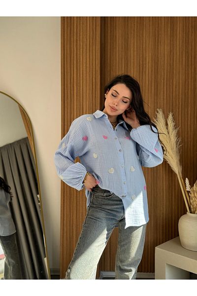 HARMONY GLOBAL Cămașă Pinterest din țesătură de muselină cu broderie inimă albastră pentru femei