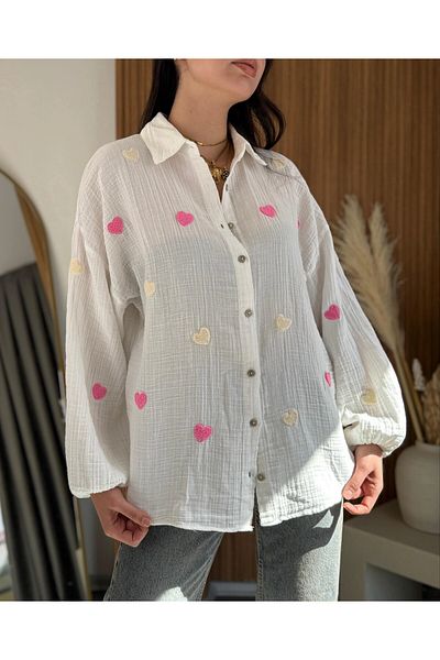 HARMONY GLOBAL Women's Ecru Heart Embroidered Muslin Fabric Pinterest Shirt