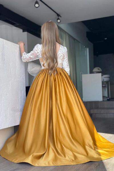 Riccotarz Kız Çocuk Yakası Şeffaf Tül Omuz ve Kolları Güpür İşlemeli Fiyonk Detaylı Saten Hardal Uzun Abiye