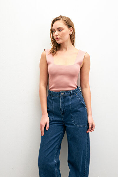 Bipantolon Γυναικείο Dusty Rose Basic τετράγωνο γιακά αμάνικο μπλουζάκι με χοντρό λουράκι καλοκαιρινό/χειμωνιάτικο πλεκτό εσώρουχο