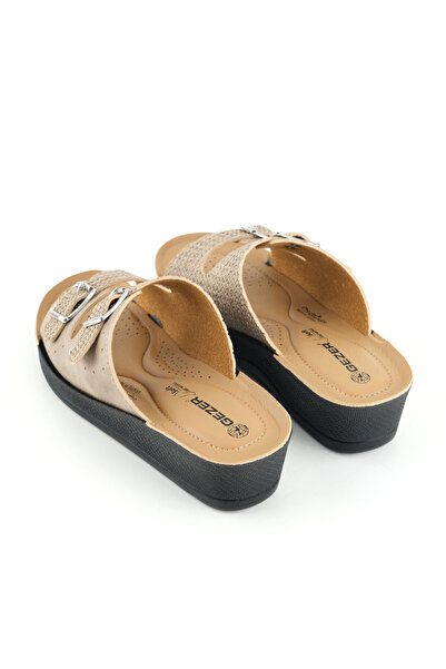 GEZER Women's Summer Faux Leather High Heel Two Buckle Adjustable Comfortable Sole Daily Slippers