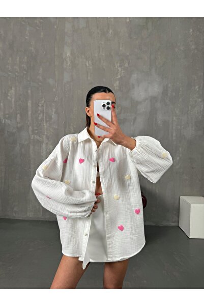 HARMONY GLOBAL Kadın Ekru Kalp Nakışlı Muslin Kumaş Pinterest Gömlek