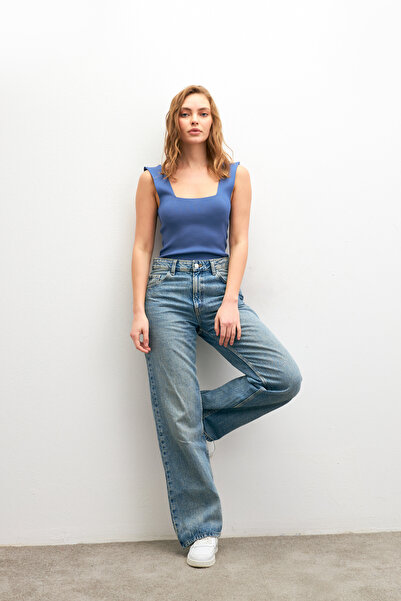 Bipantolon Γυναικείο Indigo Basic τετράγωνο γιακά Tank Top Χοντρό λουράκι Καλοκαιρινό/Χειμώνα Πλεκτό Εσωρούχο