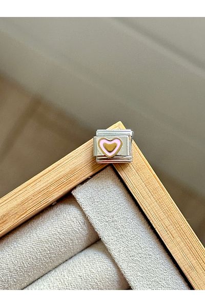 YOUES JEWELRY 9mm Stainless Steel Charm - Pink Heart and Gold Detail