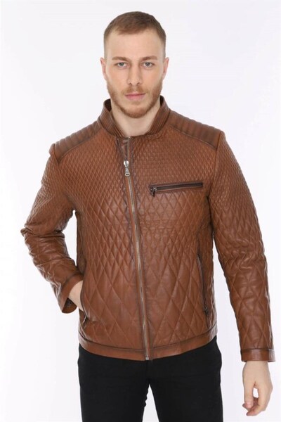 DeriWork Men's Genuine Lamb Leather Jacket with Diamond Pattern Zipper