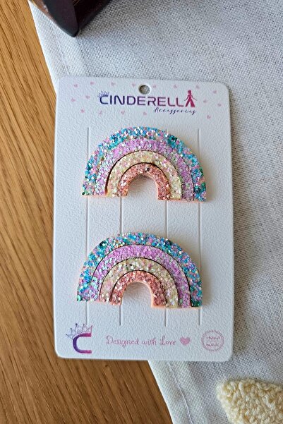 Cinderella 2'li Gökkuşağı Tasarım Saçsız Bebek Tokası - Az Saçlı Kız Bebek To...