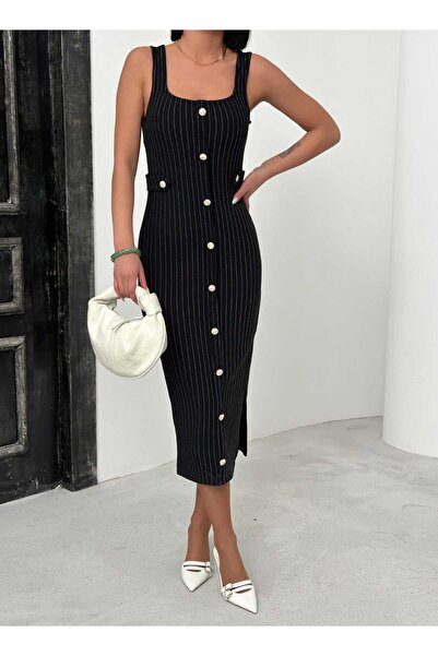 aytenli Φόρεμα Crepe Midi με τετράγωνο γιακά, χοντρό λουράκι, ριγέ πλαϊνή μανσέτα, χρυσό κουμπί, λεπτομέρεια στο πλάι