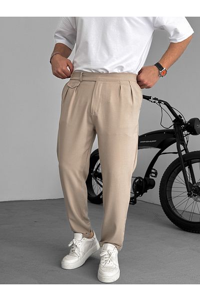 BYBASICMAN Beige Pocketed Pleated Fabric Trousers - Ke-1035