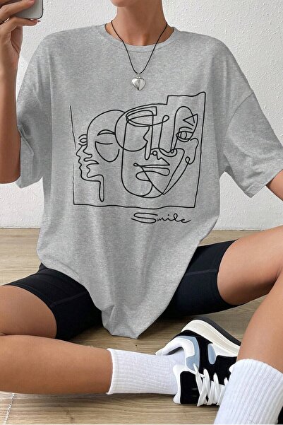 PERISENSE Unisex Gri Crew Deck Face Smile Printed Oversize