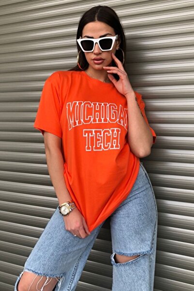 PERISENSE Women's Orange Michigan Tech Printed Oversize