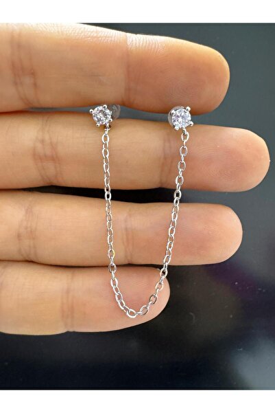 Arescollection ZİRKON TAŞLI RODYUM KAPLAMA KARARMAZ İKİ DELİĞE TAKILAN ZİNCİR KÜPE