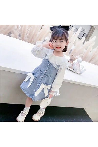 nannie Compleu 2 piese Briana, rochie denim si camasa alba, pentru fetite - 5-6 ani