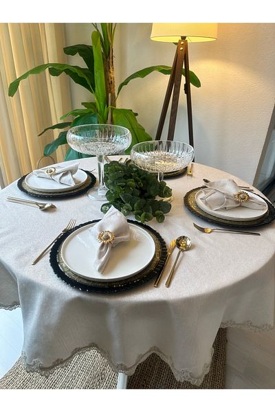 Decamor home Λινό Υφή Χρυσό Glitter Δαντέλα Λεπτομερές Εκρού Στρογγυλό Τραπεζομάντιλο