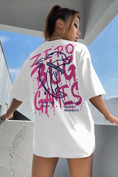 PERISENSE Unisex Alb Crew Neck Games Printed Oversize