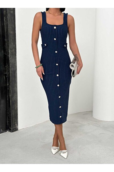 aytenli Kare Yaka Kalın Askılı Çizgili Yan Manşetli Gold Düğme Detaylı Yan Yı...