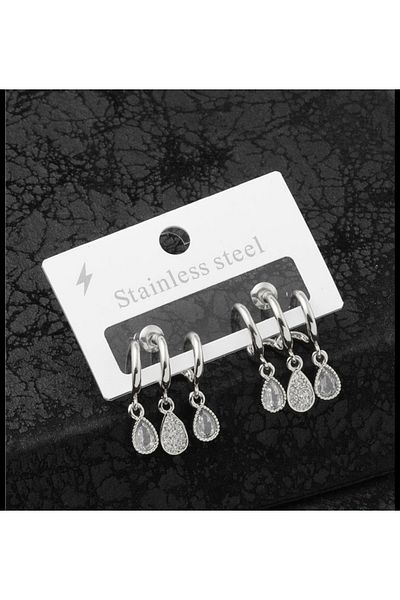 nevamor Steel Triple Look Silver Stone Drop Model Dangle Earrings