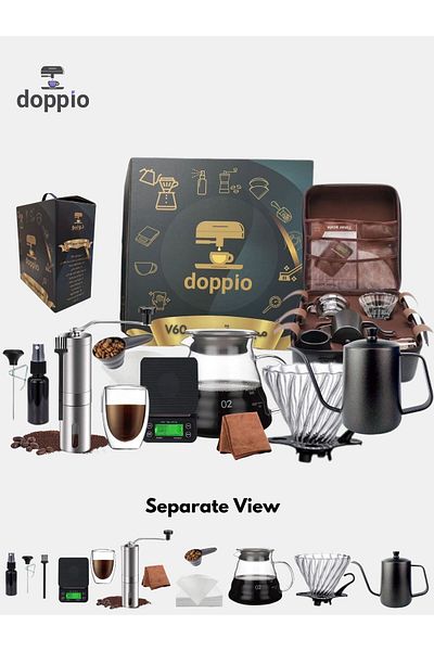 DOPPİO DOPPIO 12 Pcs V60 Premium Pour Over Manual Coffee Maker with Manual Grinder Dripper Set