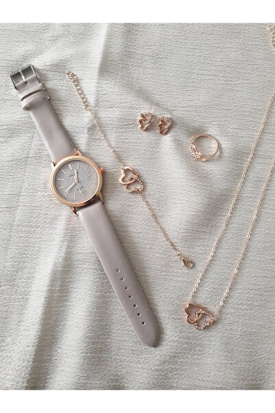 LuArte Kalp Detaylı Kol Saat Seti Takı Seti