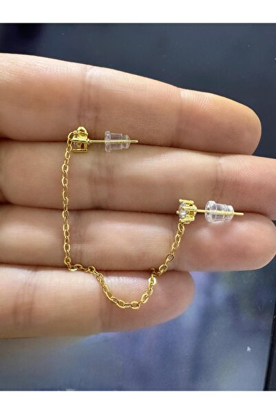 Arescollection ZİRKON TAŞLI RODYUM KAPLAMA KARARMAZ İKİ DELİĞE TAKILAN ZİNCİR KÜPE