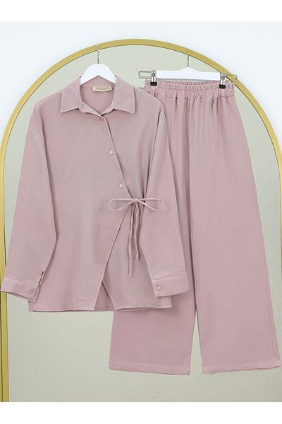 Modamorfo Cross Buttoned Double Laced Muslin Set - Powder