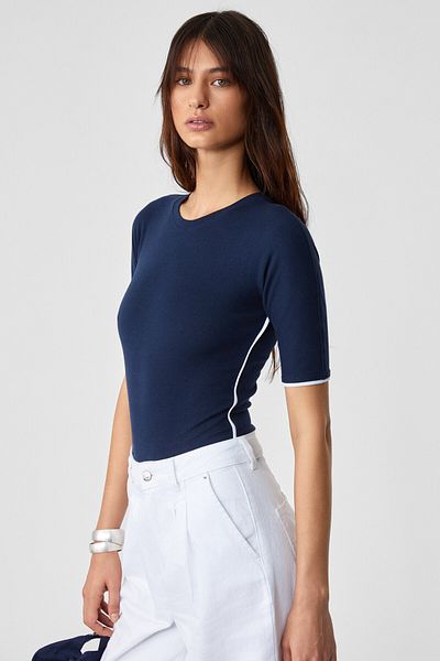 GRIMELANGE Mogsus Women's Slim Slim Crew Neck Short Sleeve Snap Navy Body