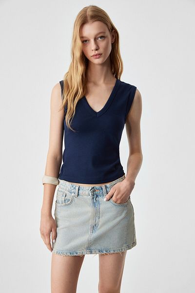 GRIMELANGE Lescosa Women's Slim V Neck Sleeveless Navy Blue Tank Top