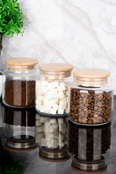 Dolkin Home 3'lü 500 ml Ahşap Vakum Kapaklı Cam Kavanoz Seti
