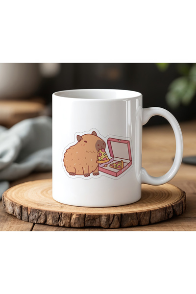 BB TRADE White Ceramic Printed Mug Cup 330ml with Capybara Eating Pizza Design