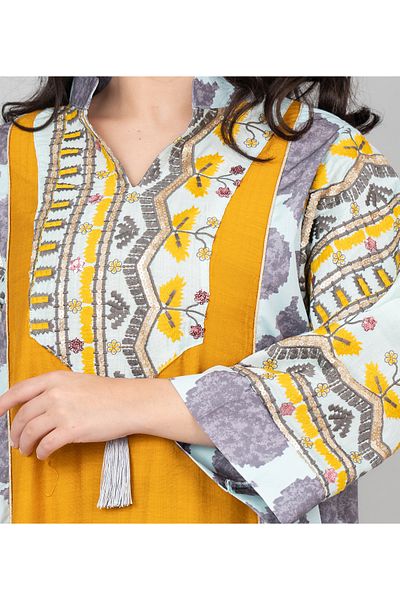 IKKXA Embroidered Solid Jalabiya with Stylish Mandarin Collar