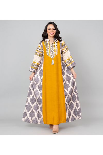 IKKXA Embroidered Solid Jalabiya with Stylish Mandarin Collar