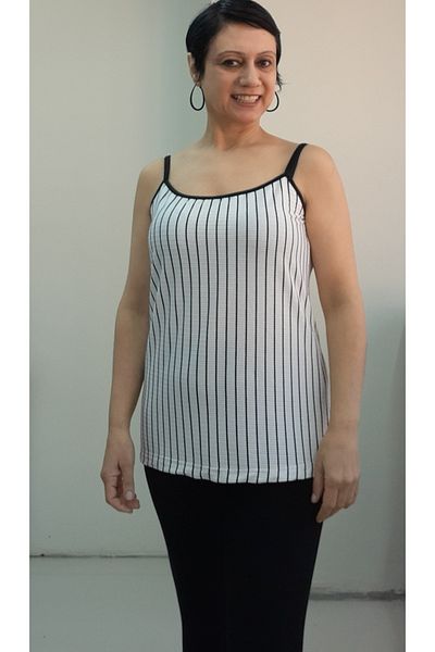 Mertcan Butik White Black Striped Rope Strap Combed Viscose T-Shirt