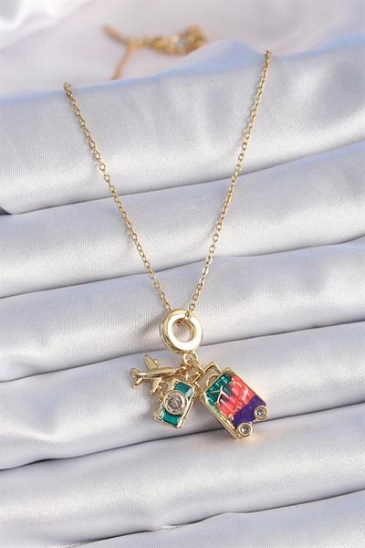 NovaRise 316L Steel Gold Color Zircon Stone Airplane Suitcase Figure Charm Model Women's Necklace