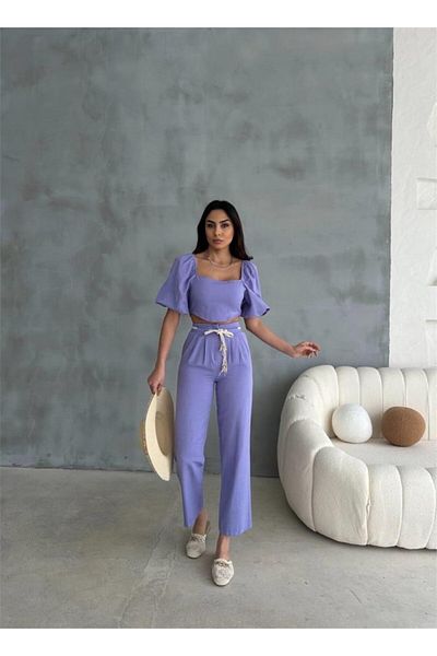 modaserdem Linen Crop Watermelon Sleeve Bluz-Pant with Strap Belt - Purple
