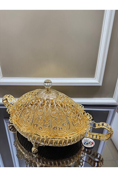 EVRA Gold Kristal Taşlı Telkareli Desenli Oval Model Jumbo Büyük Boy Şekerlik