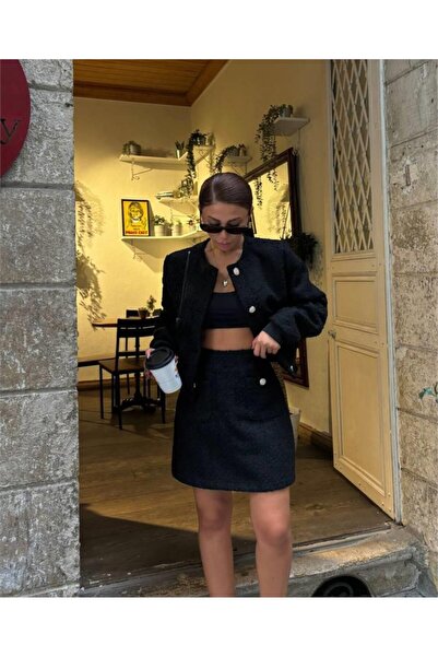 Genel Markalar EKŞİOĞLU GLOBAL CHANEL CROP CEKET-KISA ETEK TAKIM - Siyah