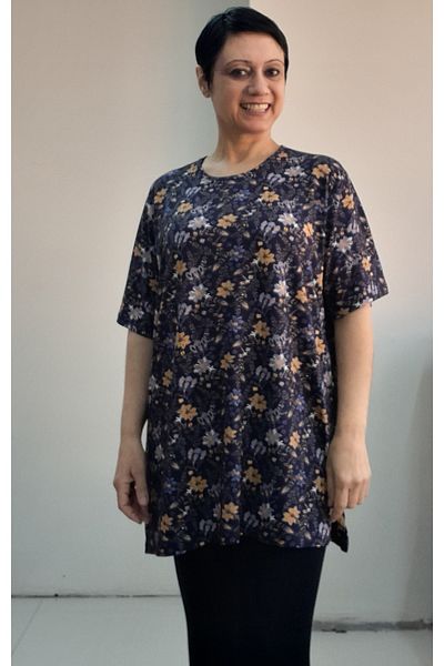 Mertcan Butik Navy Blue Floral Print Short-Sleeved Combed Viscose T-Shirt