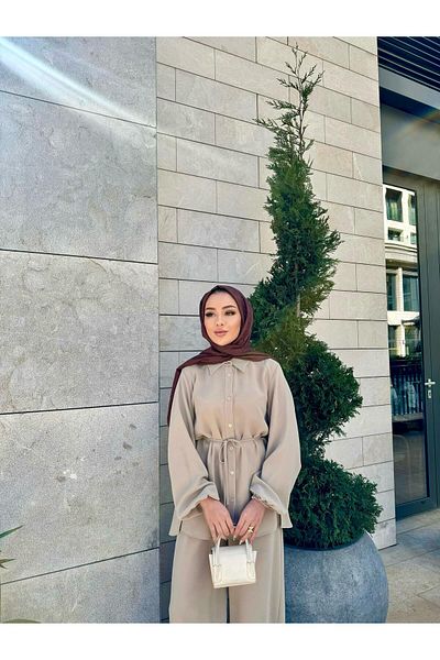 FMN Moda قميص تونيك طويل مكافئ للحجاب بأربطة وأحجار الراين، بنطال فضفاض واسع الساق، مجموعة كاجوال أنيقة مكونة من قطعتين