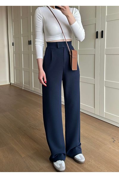 Livik Tess Women's Lycra Velcro Closure Navy Blue Palazzo Trousers