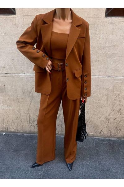 gelirr Sleeve 4 button - 3 jacket pants set with bustier - brown
