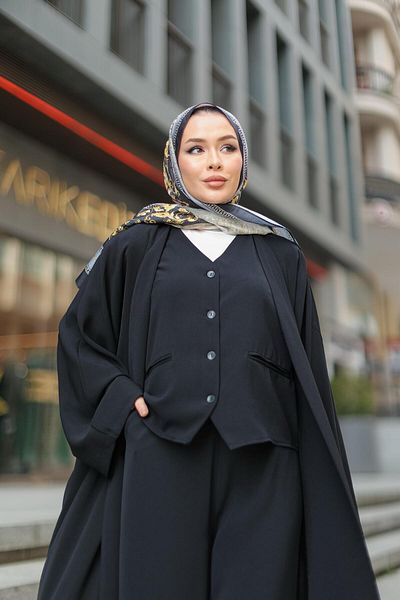 FMN Collection Design Vest, Loose Wide-Leg Pants, Long Belt Kimono Jacket, Muslim Matching Casual and Stylish Three-Piece Suit