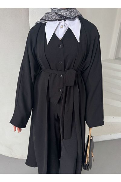 FMN Collection Design Vest, Loose Wide-Leg Pants, Long Belt Kimono Jacket, Muslim Matching Casual and Stylish Three-Piece Suit