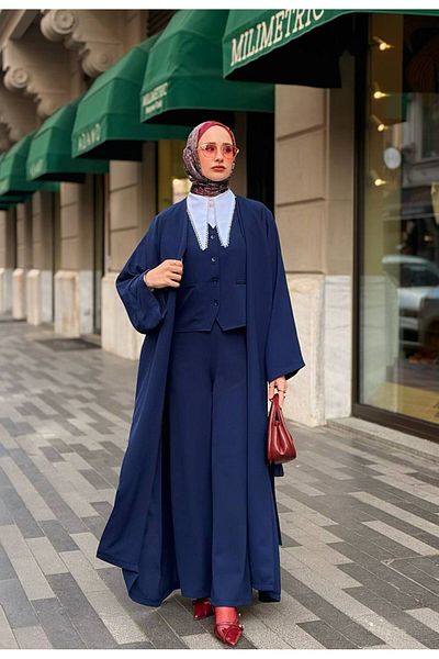 fmnbutik Hijab Matching Brand Equivalent Triple Design Vest, Trousers, Long Kimono Belt Coat Casual Stylish Set