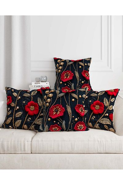 Şah Dekor Husă de pernă cu model de broderie cu pumn, imprimată digital, negru roșu, 4 piese