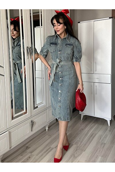 AB LOOKS Kadın Açık Mavi Önü Düğmeli Prenses Kol Beli Kuşaklı Kemerli Midi Boy Jean Kot Elbise