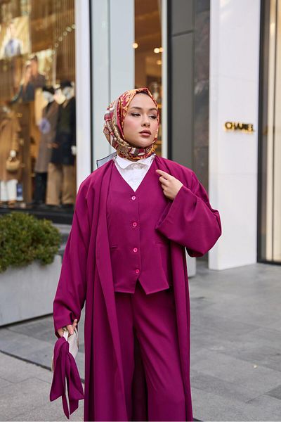 FMN Collection Design Vest, Loose Wide-Leg Pants, Long Belt Kimono Jacket, Muslim Matching Casual and Stylish Three-Piece Suit